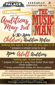 THE MUSIC MAN AUDITIONS - Children’s Auditions Seeing kids ages 8-14 who can play ages 5-10. 6:30pm